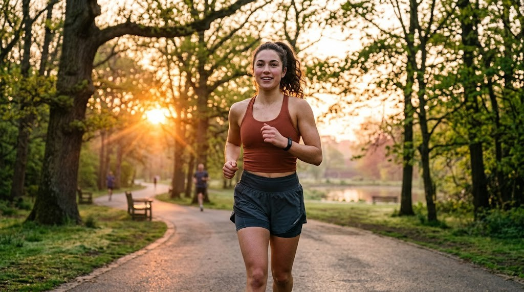 Woman exercising outdoors during sunrise to support morning weight loss goals