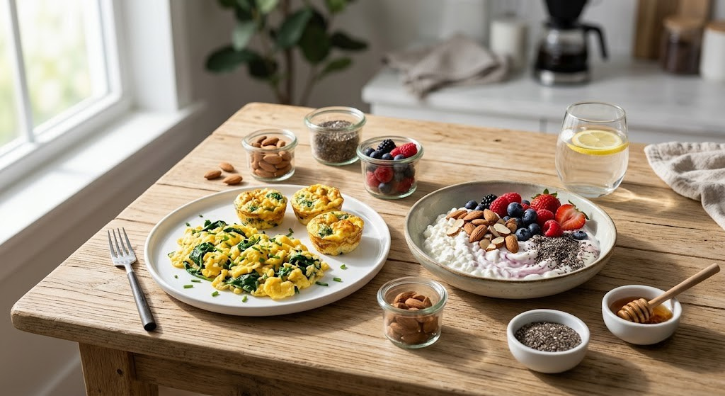High-protein breakfast with eggs, Greek yogurt, and healthy foods for weight loss