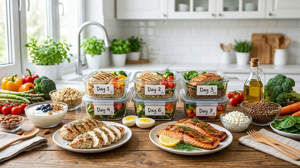 7-day high-protein meal plan featuring chicken, salmon, eggs, Greek yogurt, vegetables, and healthy foods for weight loss.