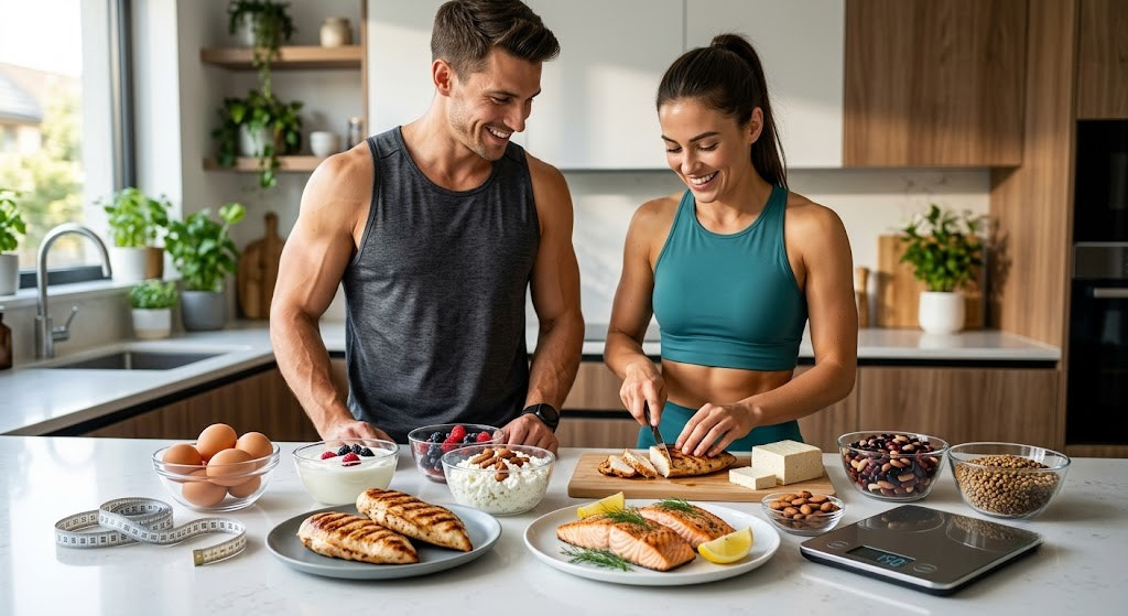 High-protein foods including chicken, salmon, eggs, yogurt, beans, and tofu for fat loss while maintaining muscle.