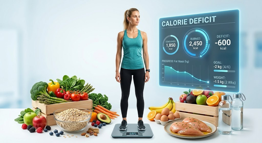 Calorie deficit for beginners showing calorie tracking, healthy foods, and weight loss progress.