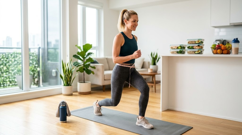Person exercising at home with healthy food and lifestyle habits to lose belly fat without going to the gym.