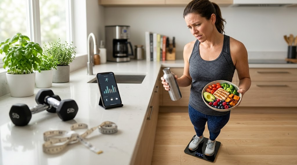 Frustrated person standing on a weighing scale despite following a calorie deficit diet.