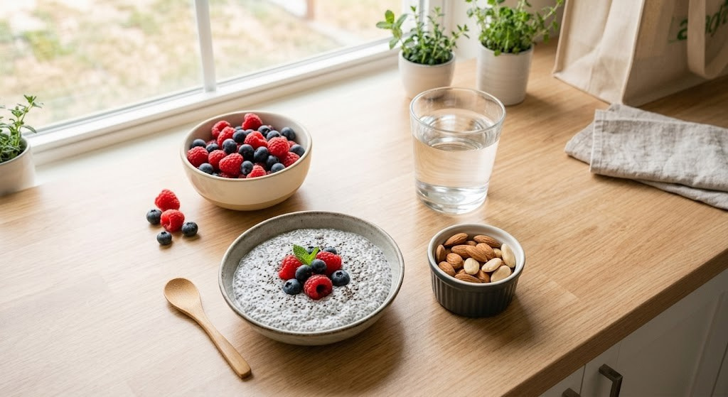 How to Stop Sugar Cravings Instantly When Trying to Lose Weight Healthy snacks including berries, chia seeds, and nuts to stop sugar cravings instantly