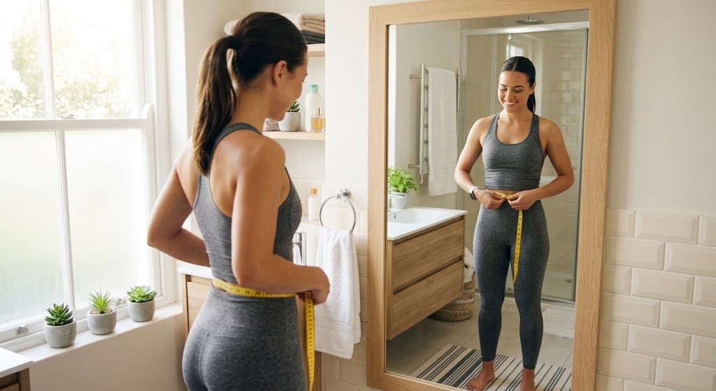 What Is the Difference Between Water Retention and Fat Gain on the Scale? Measuring waistline with tape measure to track fat loss vs water weight