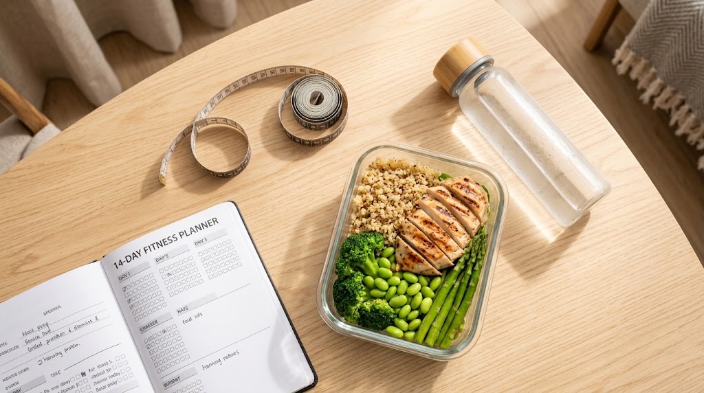 A bright, modern aesthetic setup featuring a flat-lay view of a healthy meal prep container filled with grilled chicken, quinoa, and vibrant green vegetables, next to a 14-day fitness planner, a tape measure, and a water bottle, soft natural sunlight, photorealistic.
