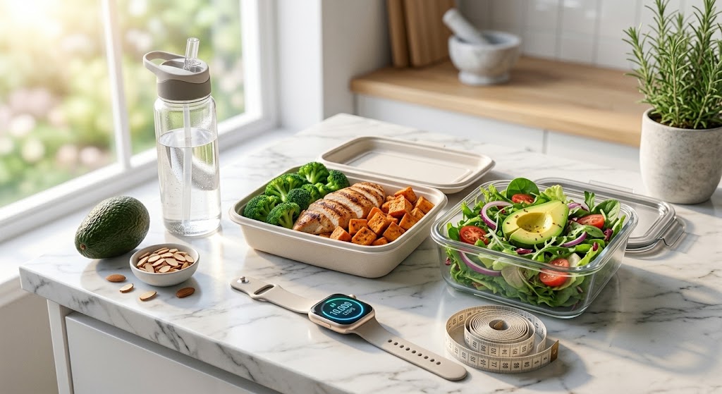 A healthy meal prep setup on a marble kitchen counter featuring grilled chicken, avocados, fresh leafy greens, and a bottle of water, bright natural sunlight, clean layout, realistic.